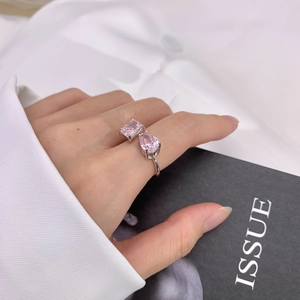 S925 Sterling Silver Ring with pink rectangular and water drop shaped gems for women