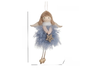 Detailed size specifications of a 16cm blue faux fur Christmas angel tree ornament