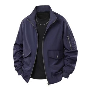 Men's navy blue aviator flight jacket with stand collar and multi-pocket cargo design