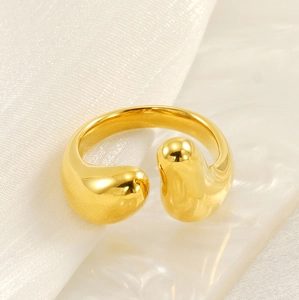 Detail of adjustable 18K gold plated stainless steel ring with organic water drop design