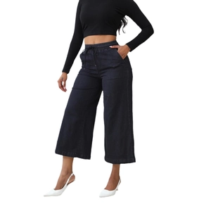 Jean évasé taille haute bleu foncé pour femme avec cordon de serrage élastique