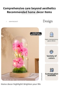 Close-up of LED glass dome ornament with pink artificial carnations on wood base