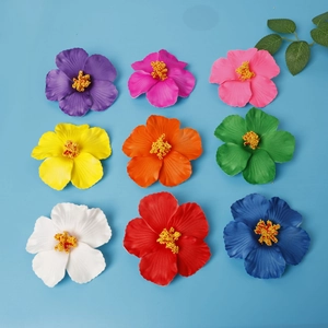 Set of nine colorful 10cm artificial hibiscus flower hair clips for beach holiday styling