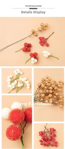Macro detail of artificial Christmas berries in red and gold with frosted glitter texture