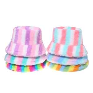 Colorful Striped Bucket Hat Faux Rabbit Fur Plush Warm Winter Windproof Outdoor Fashion Casual Accessory For Women