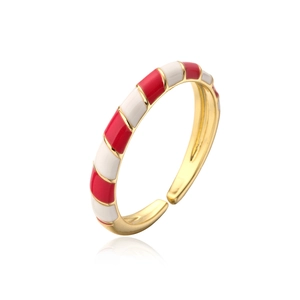 Close-up of red and white enamel candy cane striped gold plated geometric open ring