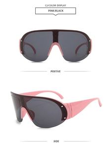 Detailed front and side views of pink and black wide-frame cyberpunk sports sunglasses