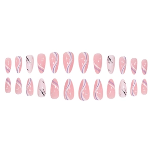 Coffret de 24 faux ongles amande avec motifs marbrés et dessins de lignes roses ondulées