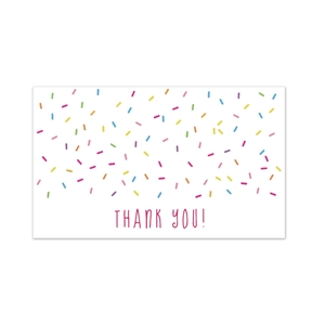 Pink Thank You gift card with colorful sprinkles on white background for packaging