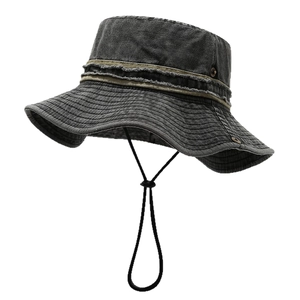 Outdoor washed canvas sun hat with frayed brim and adjustable windproof strap in dark grey