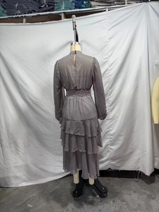 Detailed back view of a retro polka dot chiffon tiered maxi dress with lantern sleeves