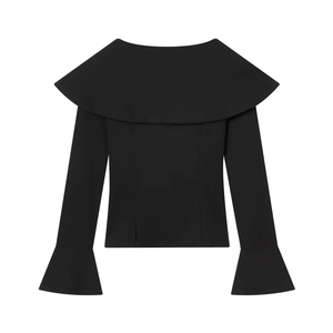Detail view of the black elegant blazer top featuring wide lapels and flared sleeve design