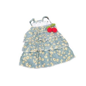 Detail of grey-blue floral pet dress with lace collar and red cherry decoration