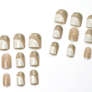 Short minimalist glossy geometric press-on nails in cream, pink and grey-green tones