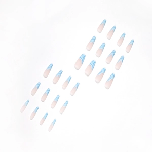 Blue marble wave press-on nails with long trapezoid shape and light pink base