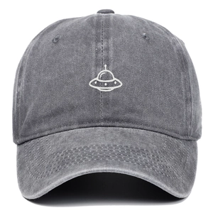 Vintage-Basecap aus gewaschener grauer Baumwolle mit weißer UFO-Stickerei und Schirm