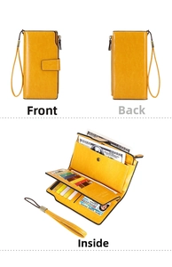 Dettaglio del portafoglio lungo giallo con protezione RFID, slot per carte e cinturino