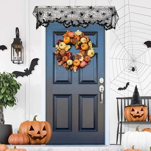 Black lace spider web door curtain with maple leaf pumpkin wreath Halloween decor