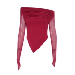 Elegant off-shoulder mesh sleeve top in deep red featuring stylish pleated design