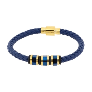 Close-up of blue braided leather bracelet with golden magnetic clasp and metal bead accents