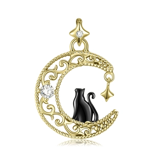 Macro view of S925 silver moon and black cat pendant with sparkling zircon stones