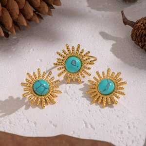 Vintage Sunburst Jewelry Stainless Steel Gold Plated Turquoise Stud Earrings And Ring For Women Waterproof