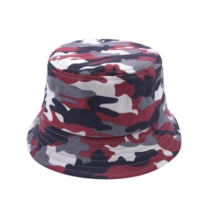 Detail of red camouflage fisherman hat showing reinforced stitching and durable canvas fabric