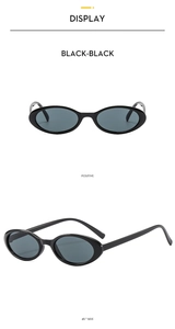 Vertical dual view of vintage oval sunglasses in black-on-black with a 45-degree angle