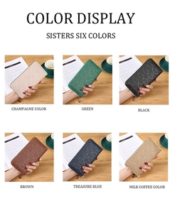 Detailed grid view of long woven wallets in six colors with zip closure and elegant texture