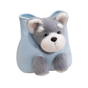 Cute plush Schnauzer dog in a blue storage pouch for kids with soft grey fur textures