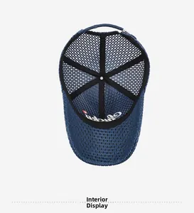 Interior view of navy blue mesh baseball cap showing breathable structure and stitching