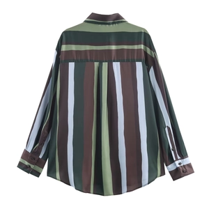 Relaxed long sleeve striped satin shirt for women with vertical multi-color pattern