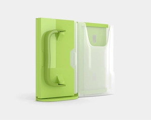 Detail showing the green handle and transparent interior of the portable milk box holder