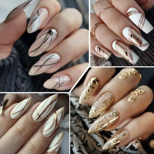 Metallic nail art gel designs featuring gold and silver line patterns on long coffin nails