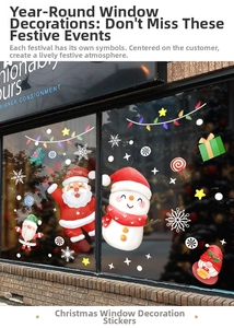 Close-up of Santa Claus and snowman static window stickers for festive Christmas display
