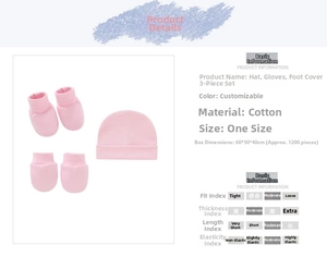 Detail view of pink newborn knit cotton hat, mittens, and booties 3-piece set