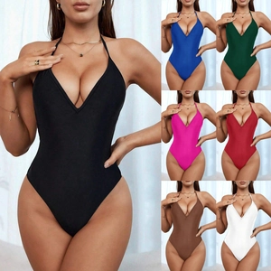 Women Swimsuit Bodysuit Halter Neck Deep V Backless Ruched Back Sexy Solid Color Polyester Spandex Beachwear Summer