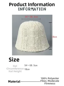 Détail de la texture du chapeau bob en tricot crème et tableau des tailles