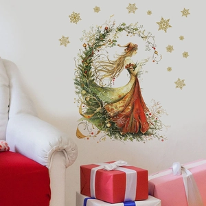 Elegant Santa lady and pine wreath wall sticker with golden snowflakes for living room décor