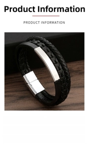 Close-up of multilayer braided leather men's bracelet with silver magnetic alloy clasp