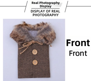 Detailed view of tweed Christmas wine bottle coat with faux fur collar and wooden buttons