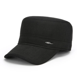 Classic black wool cadet cap with warm ear protection and metal detail for winter