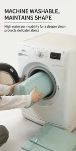 Détail d'un ensemble de sacs à linge en maille turquoise devant une machine à laver