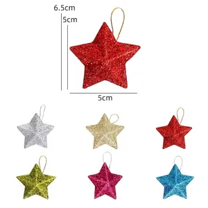 Pack of 6 glitter star Christmas tree ornaments in multiple colors, 5cm size with strings