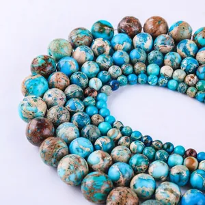 Blue Imperial Jasper round stone beads with brown marble texture for DIY jewelry