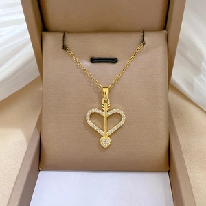 Cupid Arrow Heart Pendant Necklace Gold Plated Stainless Steel Chain Copper Zirconia Inlaid Luxury Jewelry For Women