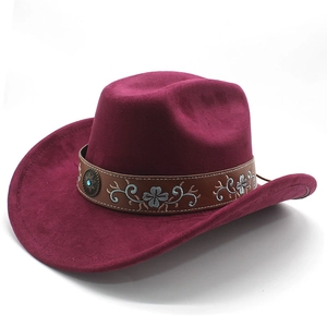 Detail of burgundy wool western hat featuring floral embroidered leather band and turquoise stud