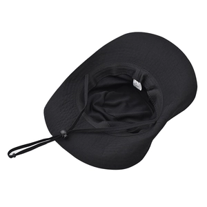 Black outdoor sun hat with breathable mesh lining and adjustable windproof chin strap