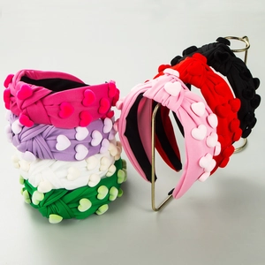 Knotted Wide Fabric Headband For Women Sweet Resin Flocked Heart Decor Hairband Solid Color Valentine Day Hair Accessories