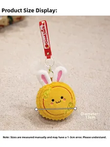 Detail of plush rabbit mooncake charm with Good Luck strap and delicate embroidery